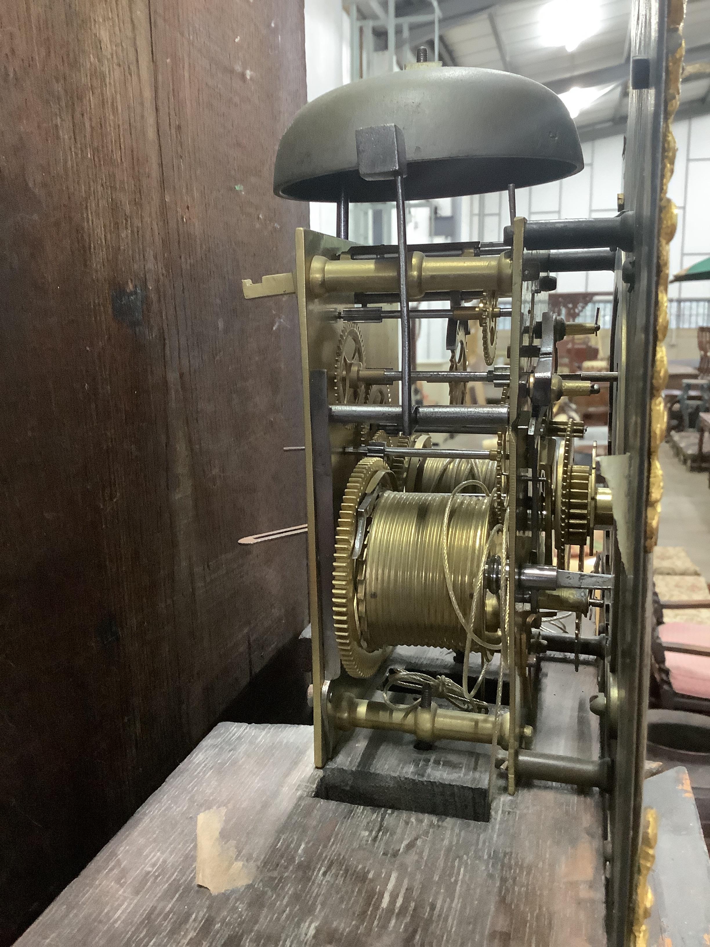 A late 18th / early 19th century chinoiserie lacquer eight day longcase clock, marked Harrington, London, hood in need of restoration, height approx. 240cm